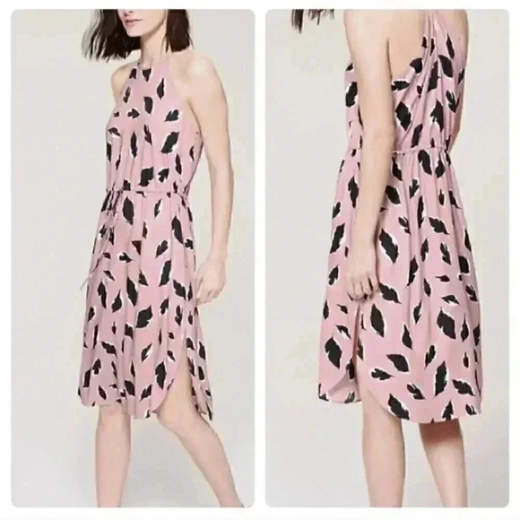Loft Dusty Rose Black Leaf Print Drawstring Waist Sleeveless Midi Dress - Picture 1 of 9